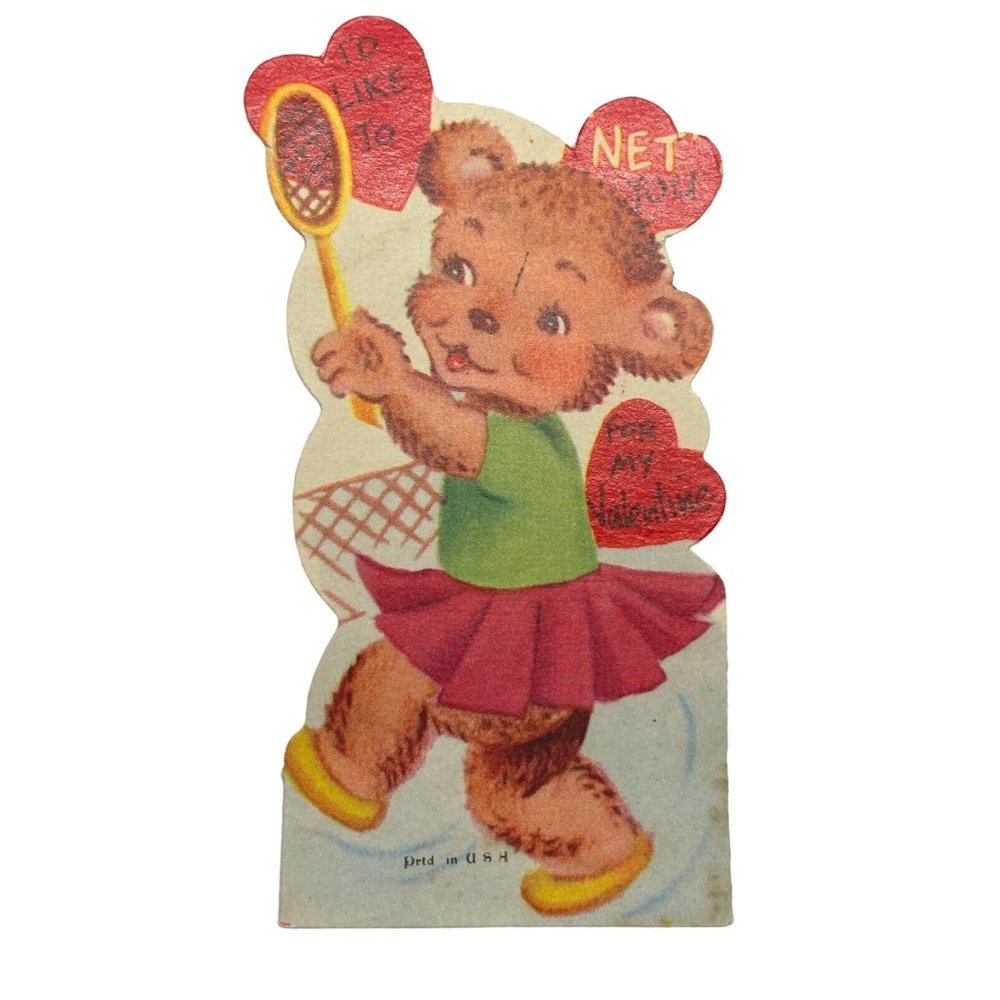 Vintage 1940s Anthropomorphic Bear Valentine Greeting Card Tennis 4 Inch Diecut